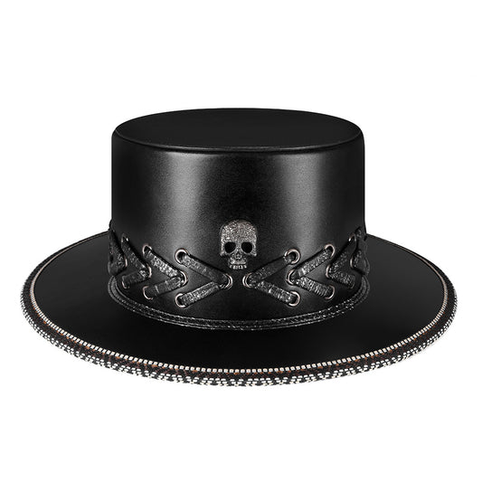 Unisex Halloween Punk Skull Black Top Hat - Black side angle