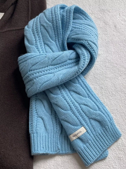 Unisex Wool Cable Knit Winter Scarf — azure blue cable knit scarf loosely looped