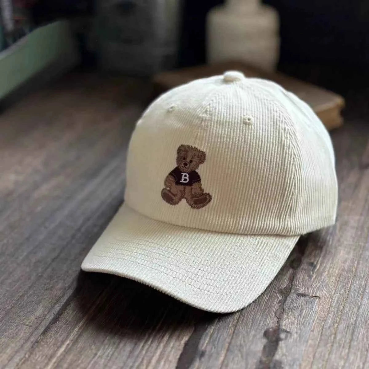Corduroy Baseball Cap with Embroidered Bear
