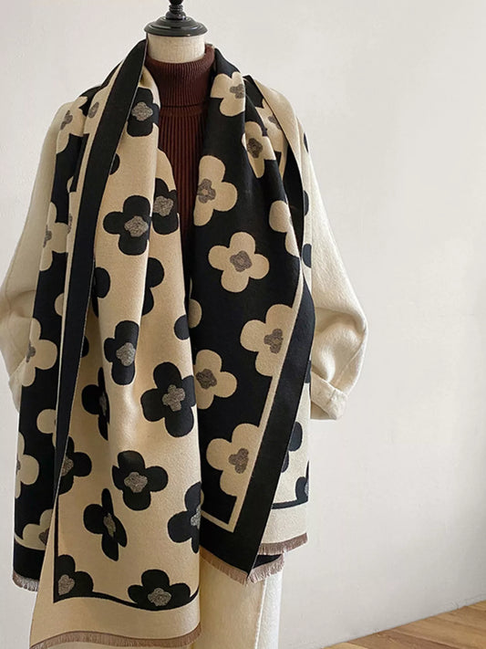 Women's Floral Print Raw Hem Scarf in Camel - styled detail 2