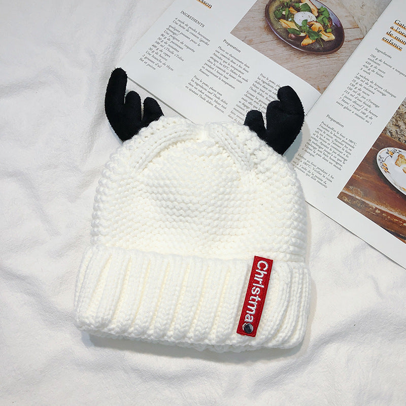 Unisex Cute Antler Knit Christmas Beanie - White back view