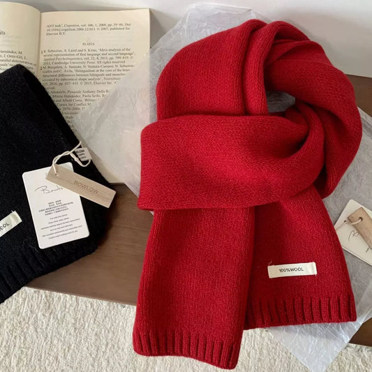 Unisex Warm Knitted Scarf — red knitted scarf with ribbed ends and small label