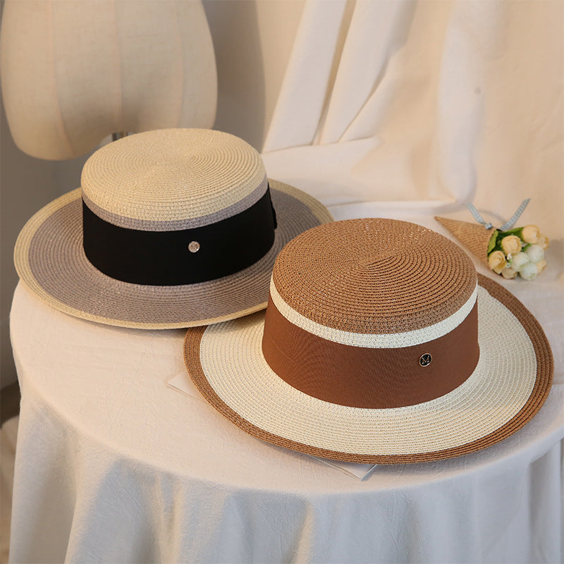 Womens retro flat top straw sun hat - product photo 7