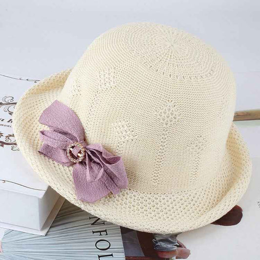 Pink floral crochet cloche hat curled brim view