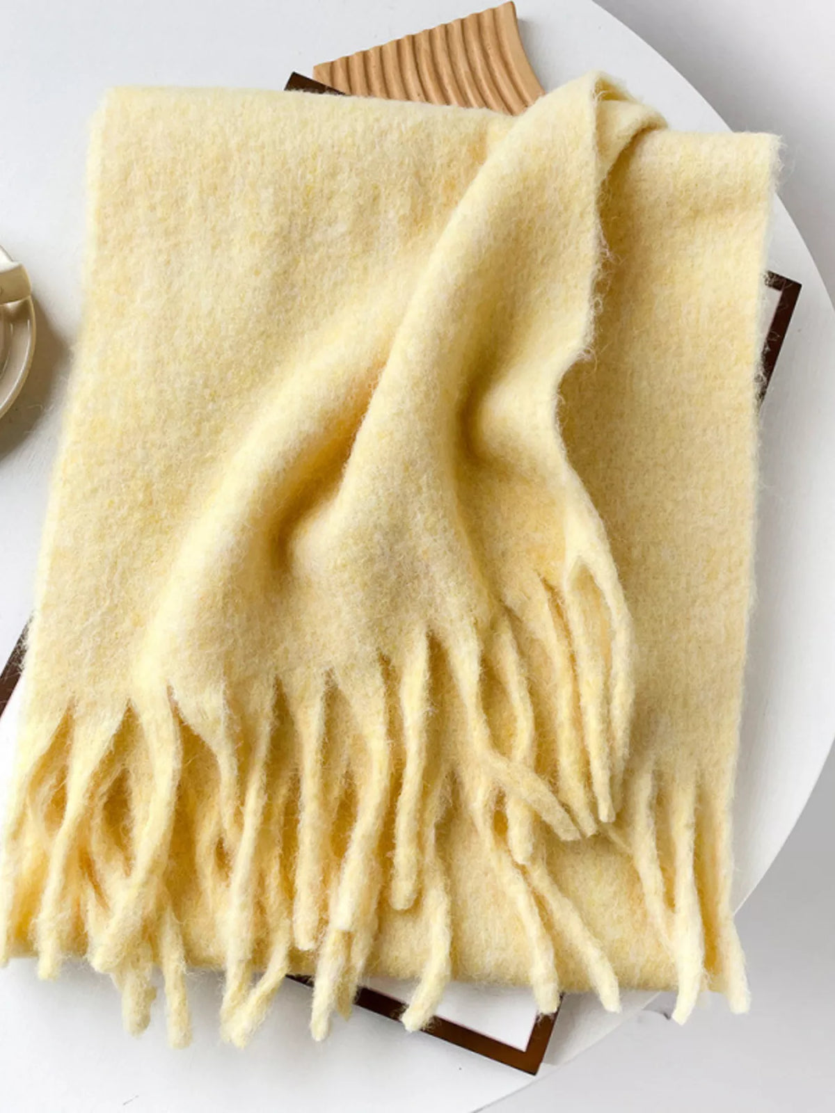 Unisex Extra Long Fringe Scarf — yellow scarf folded with matching fringe