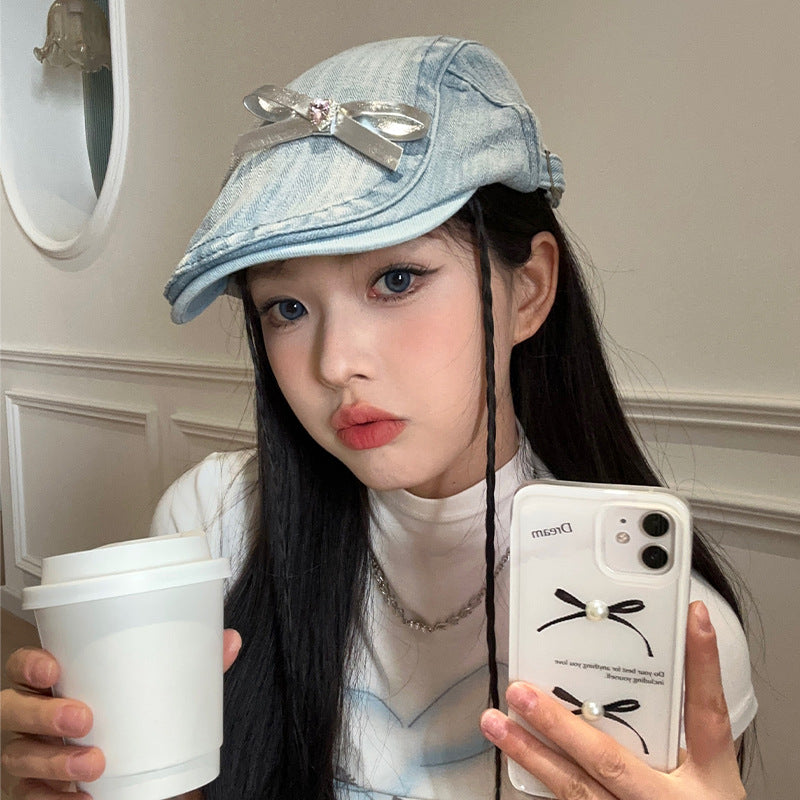 Womens vintage denim newsboy cap with bow - product photo 8