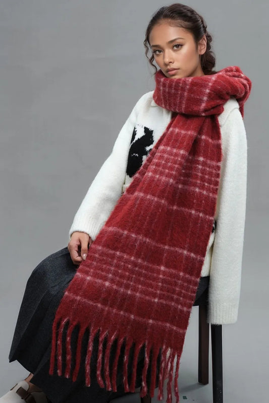 Unisex Fringe Plaid Thermal Scarf in Tan - styled detail 2
