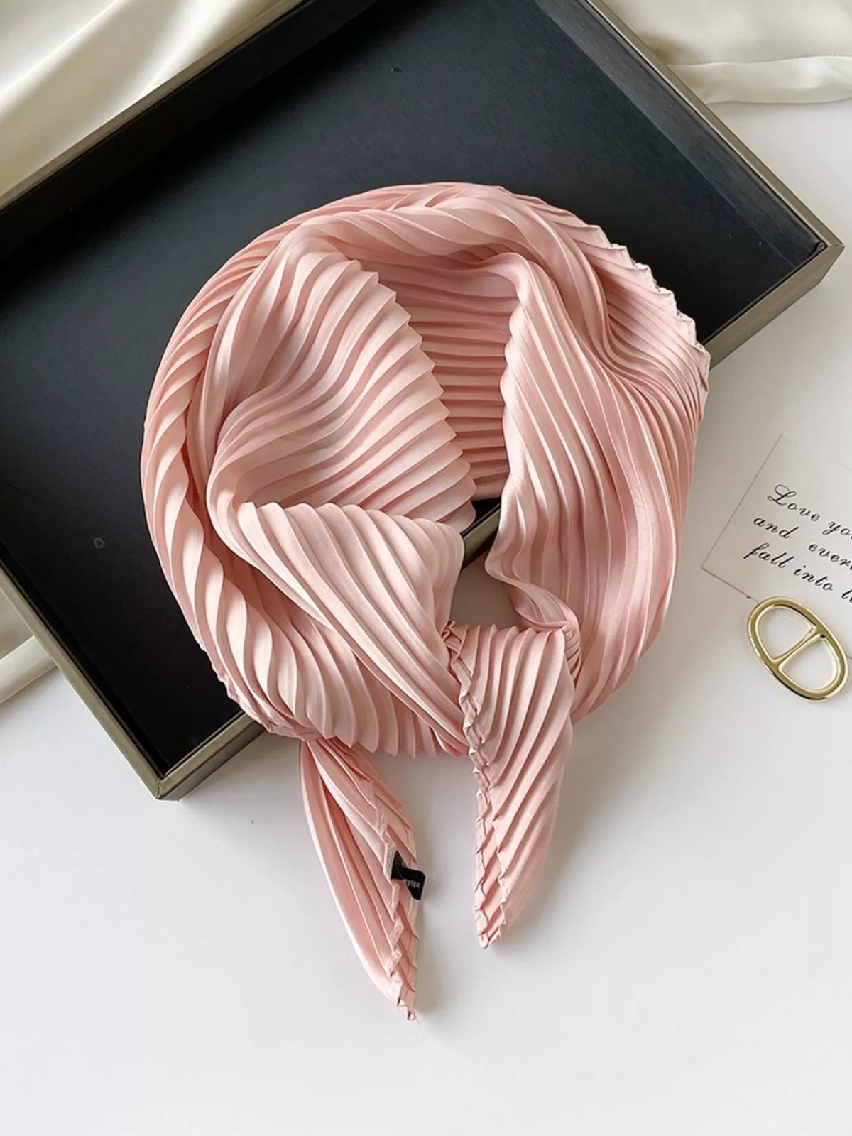 Unisex Pleated Satin Neck Scarf — pink satin finish scarf showing fine pleated texture