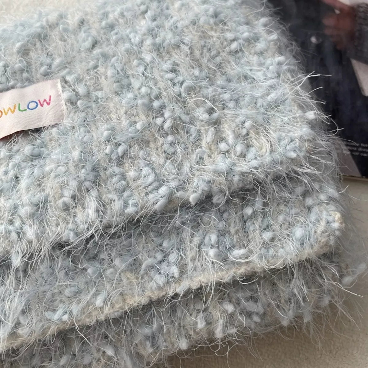 Unisex Soft Plush Winter Warm Scarf — close view of pale blue plush knit texture