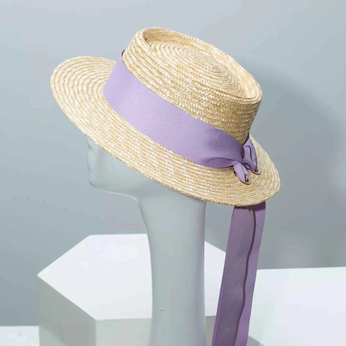 Deep-Tone Straw Boater Hat with Ribbon