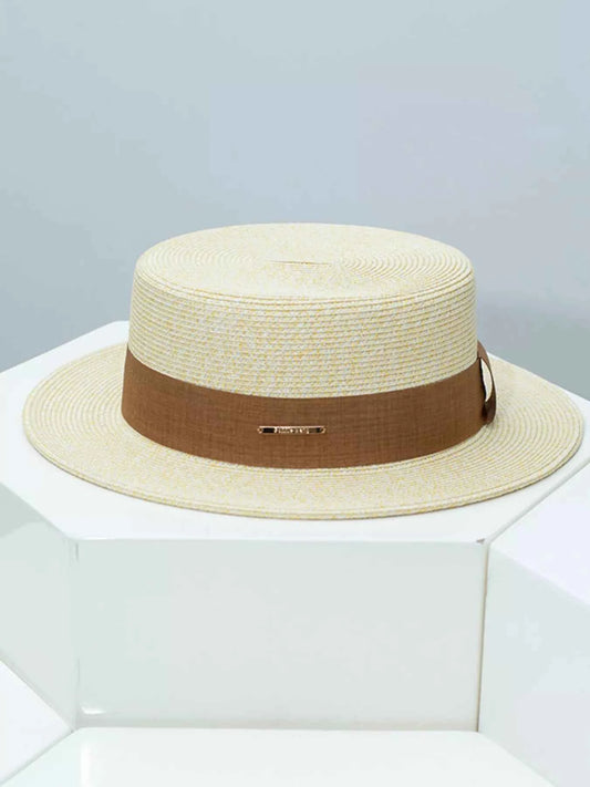 Classic Neutral Straw Boater Hat with Ribbon