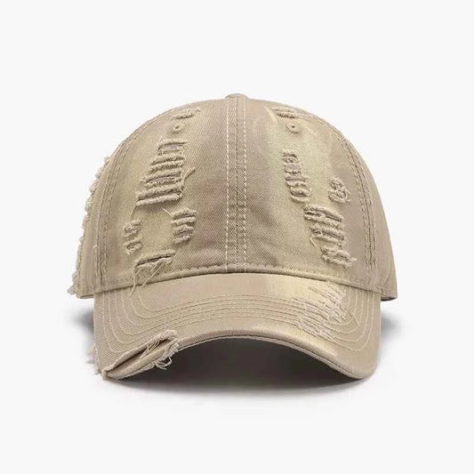 Khaki distressed cotton baseball cap worn-in detail