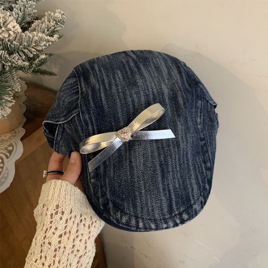 Womens vintage denim newsboy cap with bow - product photo 9