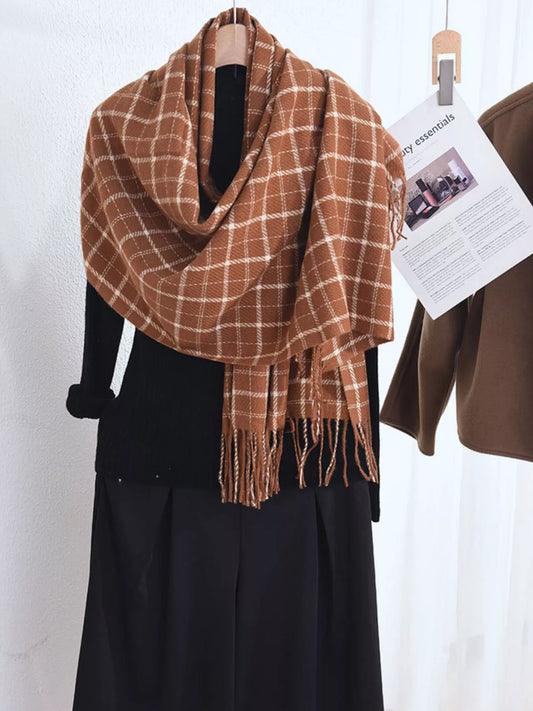 Unisex Lightweight Classic Plaid Fringe Scarf in Caramel Color - styled detail 2