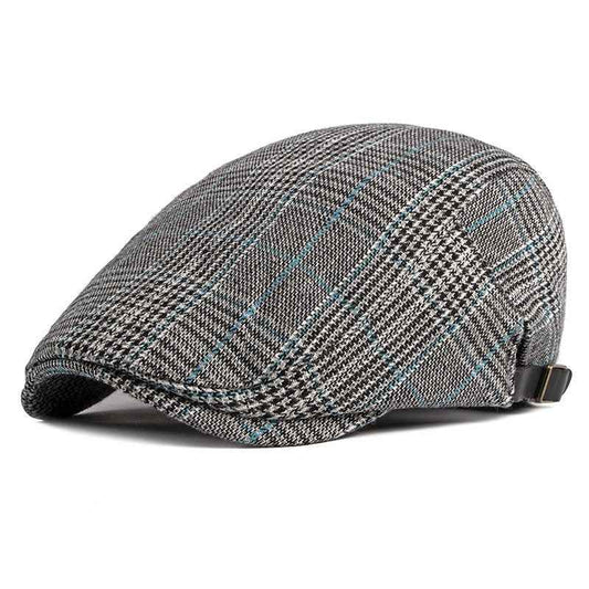 Dark gray plaid flat cap front view