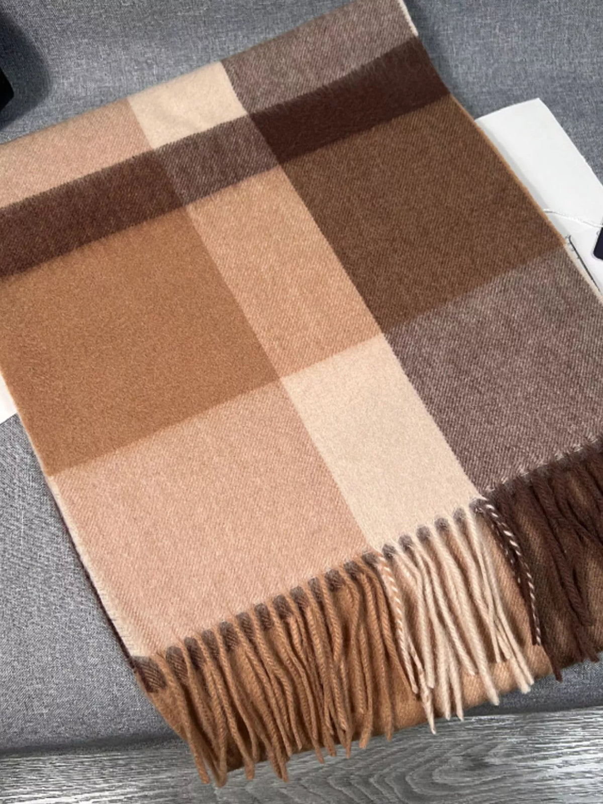 Unisex Plaid Scarf with Fringe — flat view of brown plaid pattern and matching fringe