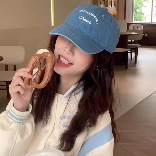 Sky Blue Embroidered Denim Baseball Cap – High Crown