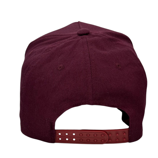 Back of the burgundy Live to Ride cap showing the snapback closure
