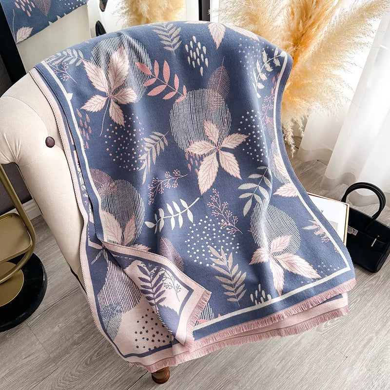 Unisex Cozy Printed Raw Hem Scarf in Dusty Blue - full-length view 6