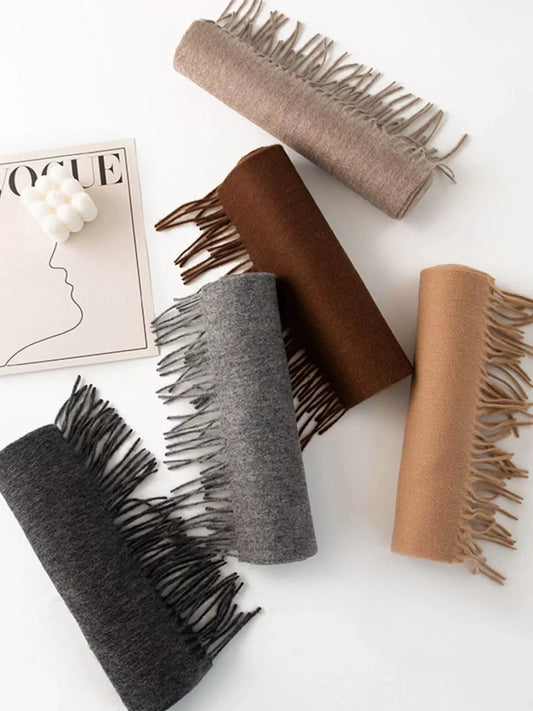 Unisex Classic Solid Color Fringe Scarf in Beige - styled detail 2