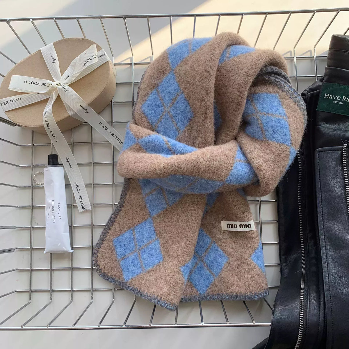 Unisex Argyle Pattern Warm Scarf — tan and blue diamond scarf tied in a loose knot