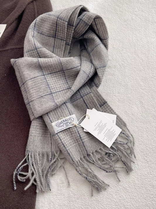 Unisex Heritage Wool Plaid Scarf — light gray checked scarf with fine fringed ends