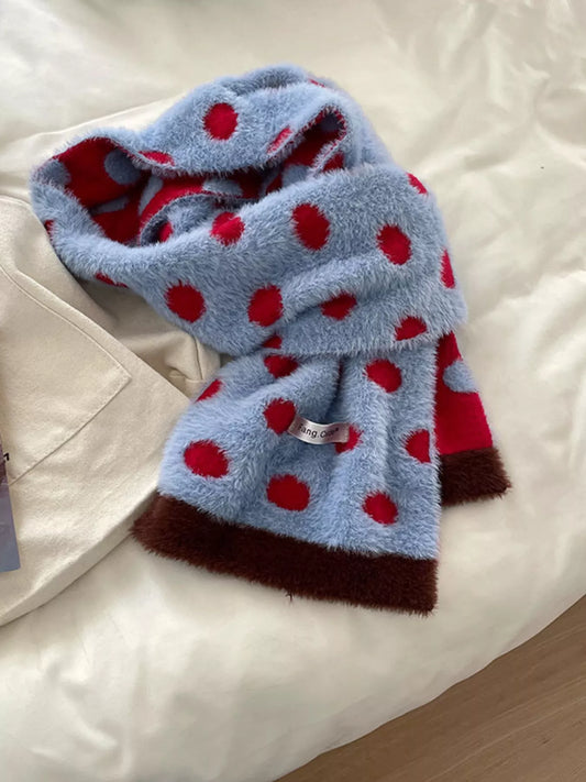 Unisex Blue Polka Dot Scarf — polka dot scarf loosely tied with blue side facing out