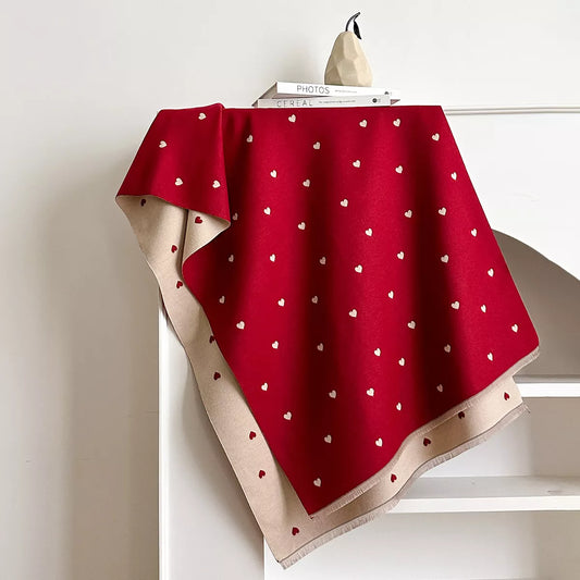 Women's Heart-Patterned Raw Hem Winter Scarf in Black - styled detail 2