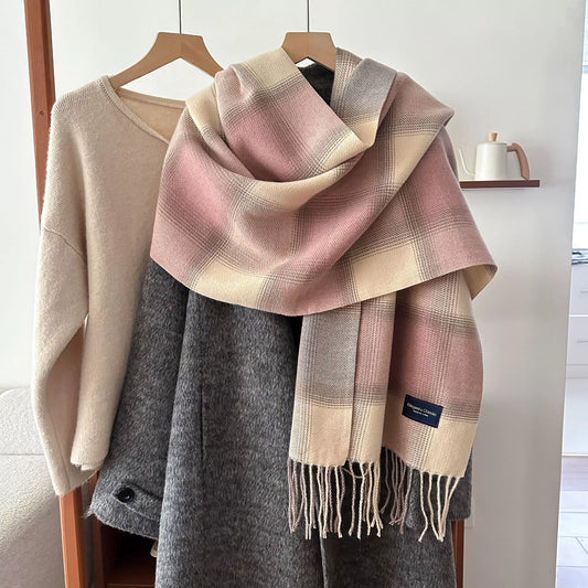 Unisex Everyday Plaid Fringe Scarf in Pink - styled detail 2