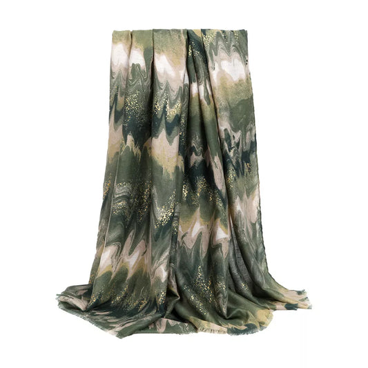 Unisex Abstract Print Lightweight Fashion Scarf — green printed scarf hanging to show the full pattern