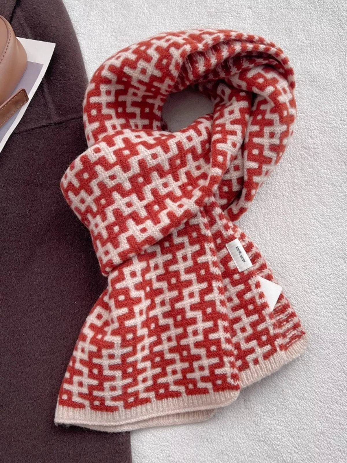 Unisex Wool Geometric Pattern Knitted Warm Scarf — orange red scarf showing contrasting geometric knit