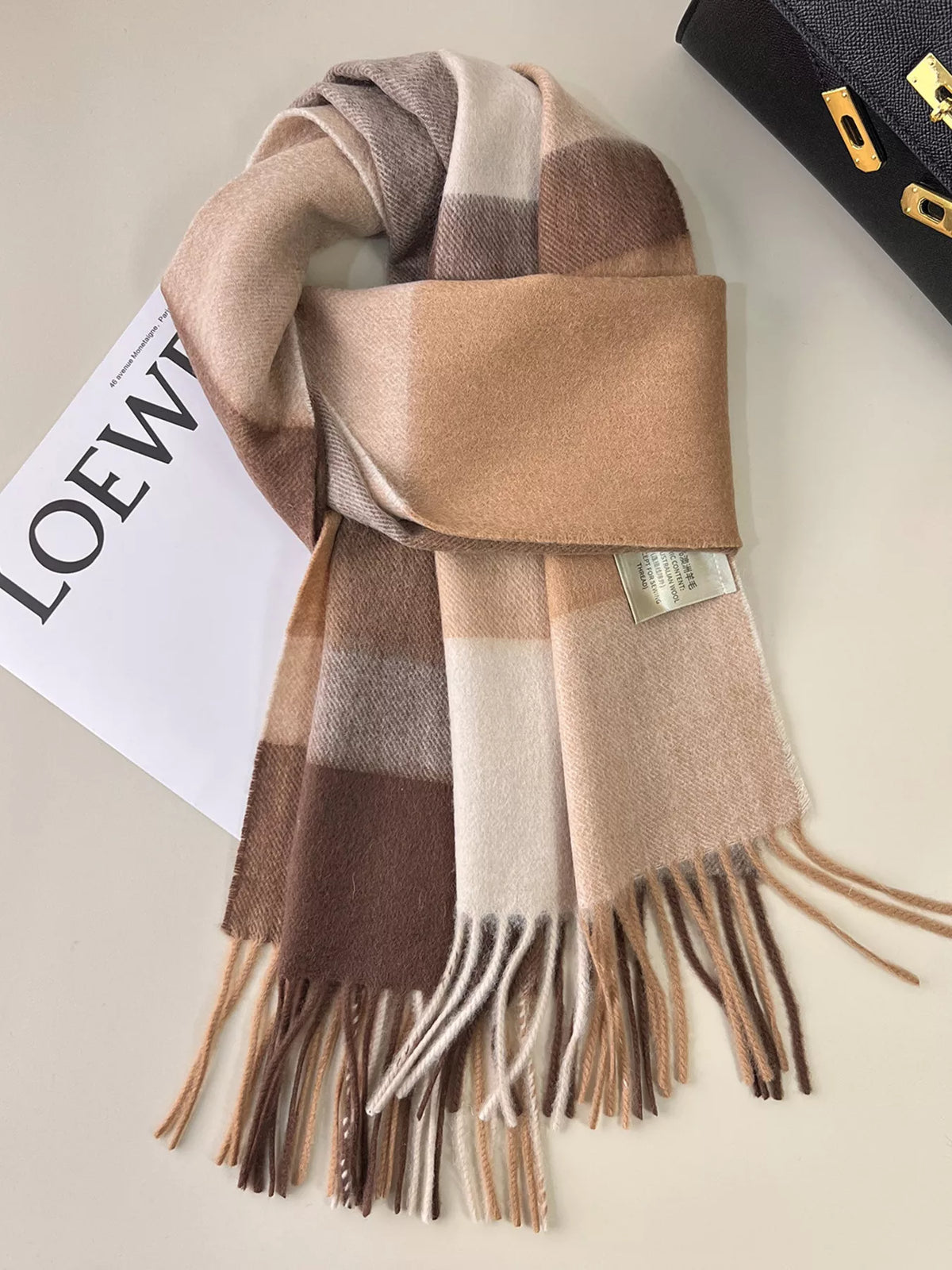 Unisex Plaid Fringe Scarf — tan and brown checked scarf with long matching fringe