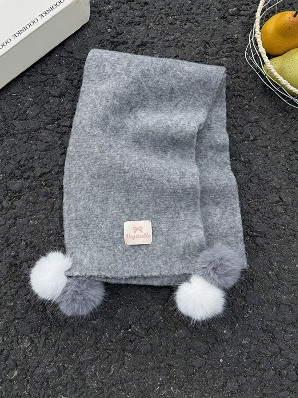 Unisex Pastel Pom-Pom Scarf — gray scarf with pale pom-pom end details