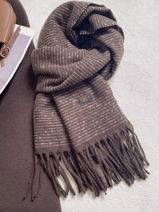 Unisex Warm Striped Tassel Scarf — muted green brown striped scarf tied flat