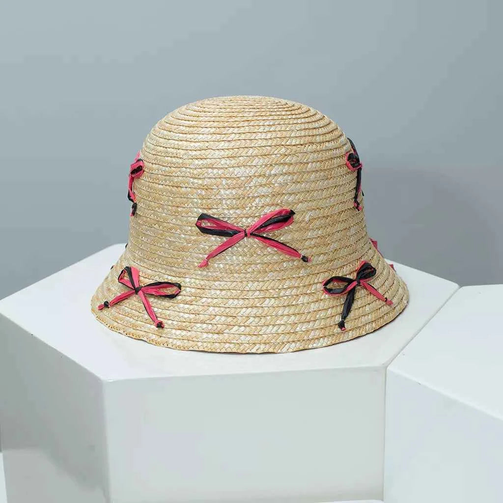 Bowknot Decor Straw Bucket Hat