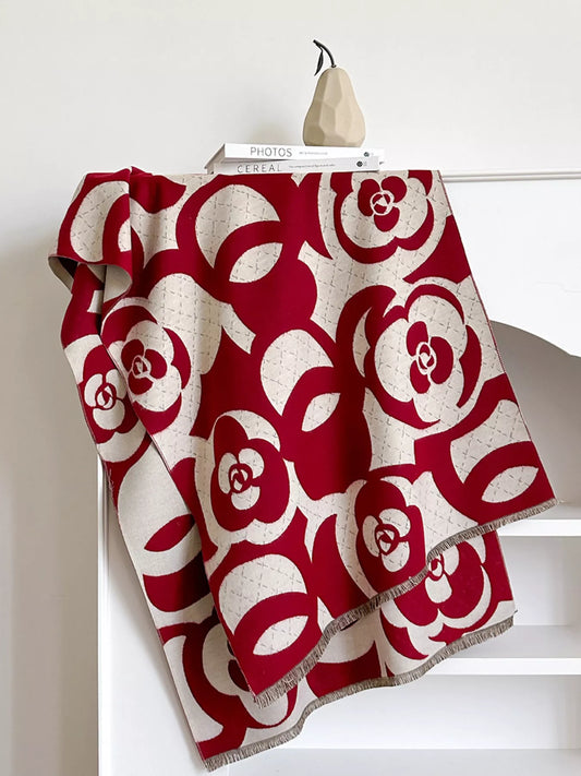 Women's Floral Patterned Warm Scarf in Gray - styled detail 2