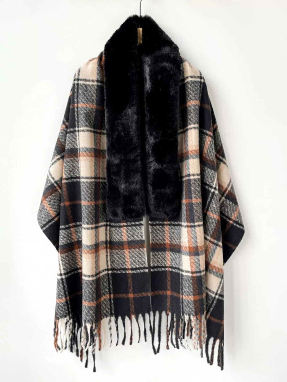 Women's Faux Fur Trim Scarf Wrap — dark plaid wrap with plush front edging and fringed ends
