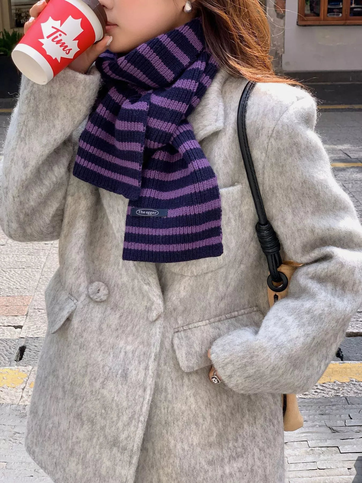 Unisex 100% Wool Striped Knitted Winter Scarf — purple striped scarf styled with gray outerwear