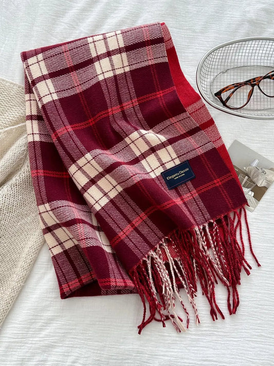 Unisex Classic Fringe Plaid Scarf in Pink - styled detail 2