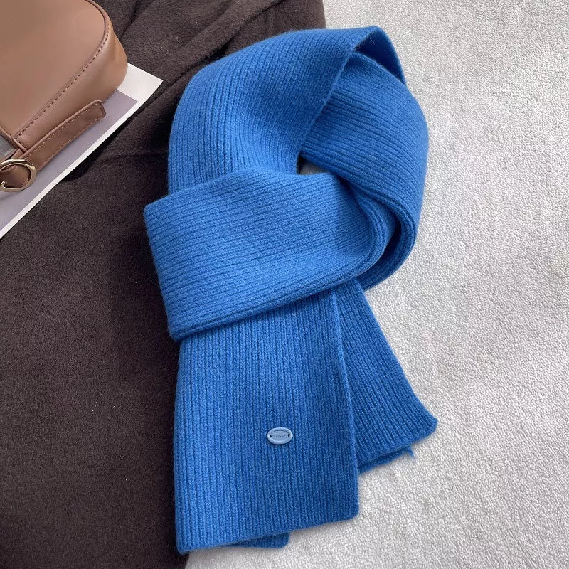 Unisex Pure Wool Warm Knit Scarf — royal blue wool scarf with a small circular label