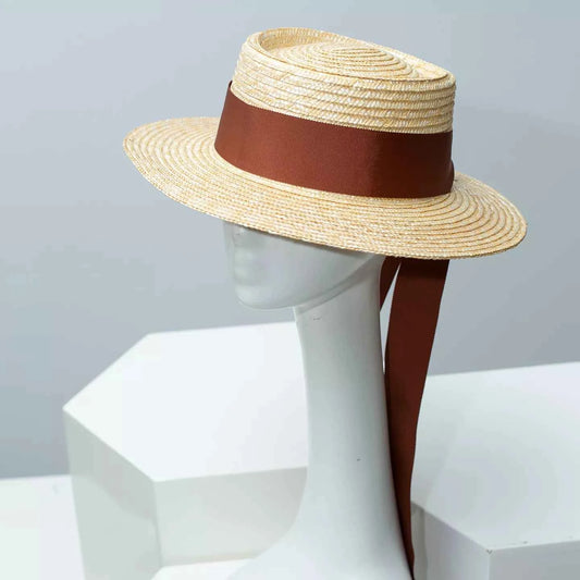 Deep-Tone Straw Boater Hat with Ribbon