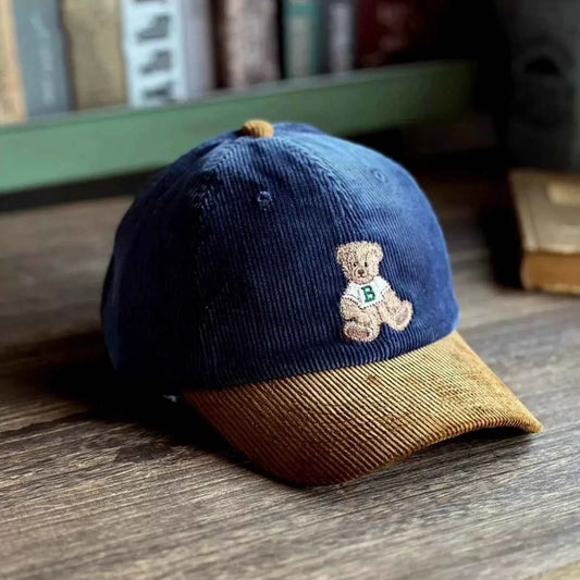 Corduroy Baseball Cap with Embroidered Bear