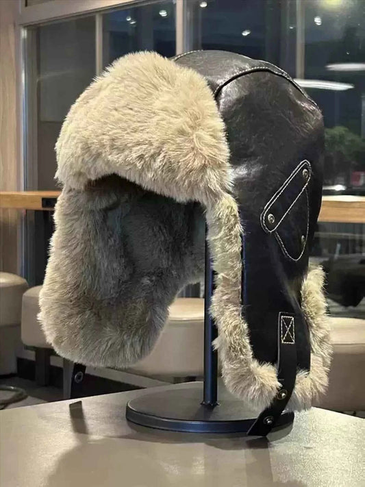 Black plush ear flap winter hat side profile