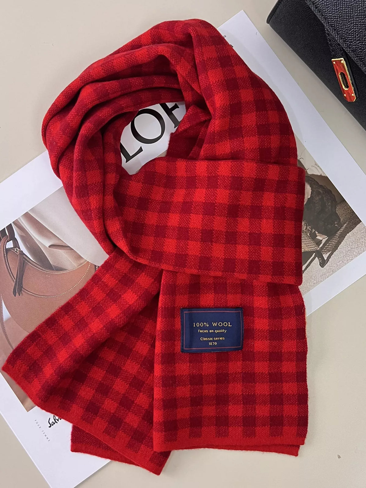 Unisex 100% Wool Plaid Scarf — red and black plaid scarf loosely knotted