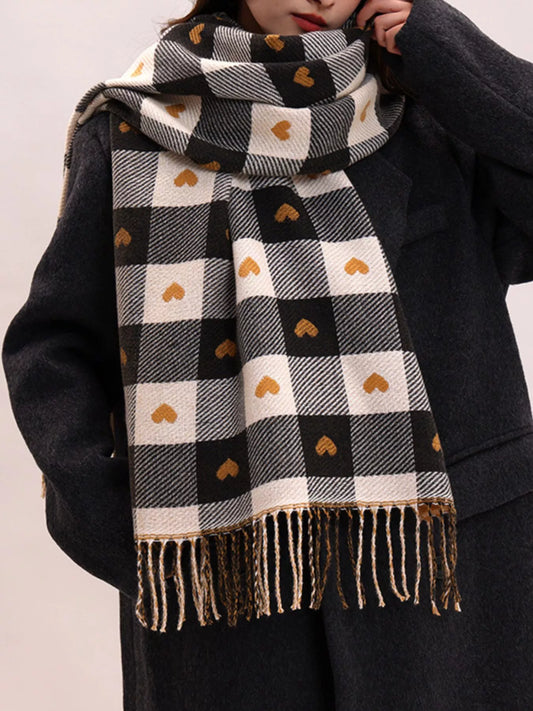 Women's Heart Pattern Plaid Tassel Scarf in Black - styled detail 2