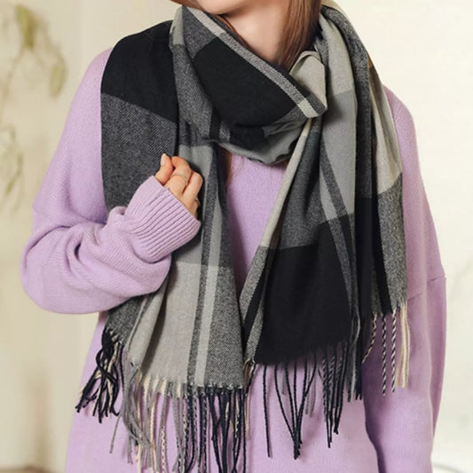 Unisex Cozy Plaid Fringe Scarf in Black Ink - styled detail 2