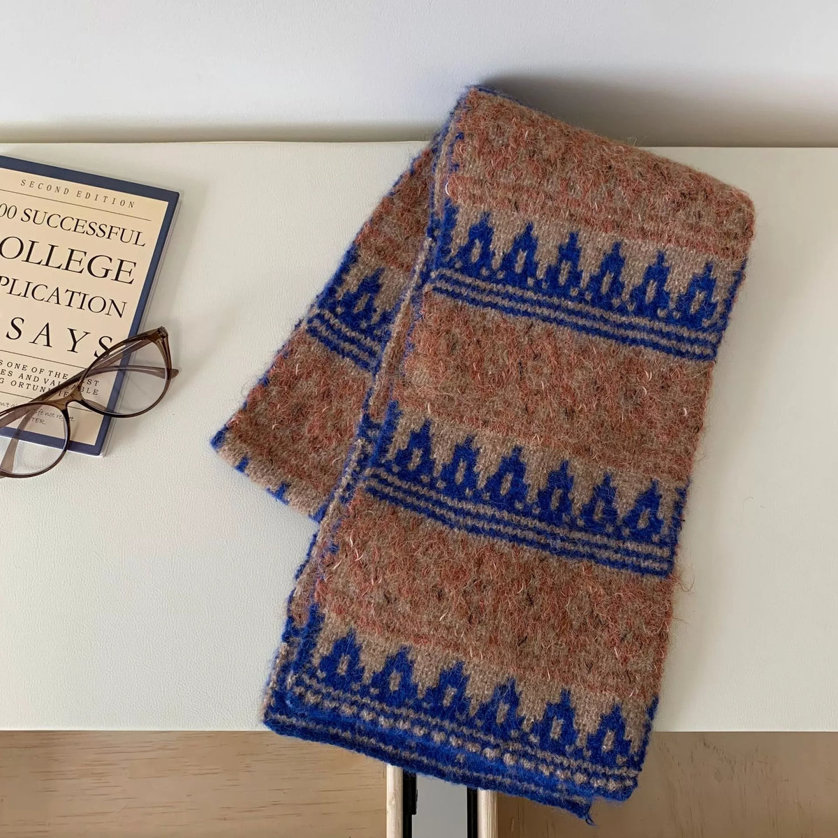 Unisex Vintage Knitted Pattern Warm Scarf — gold and blue motif scarf folded with full end panel visible