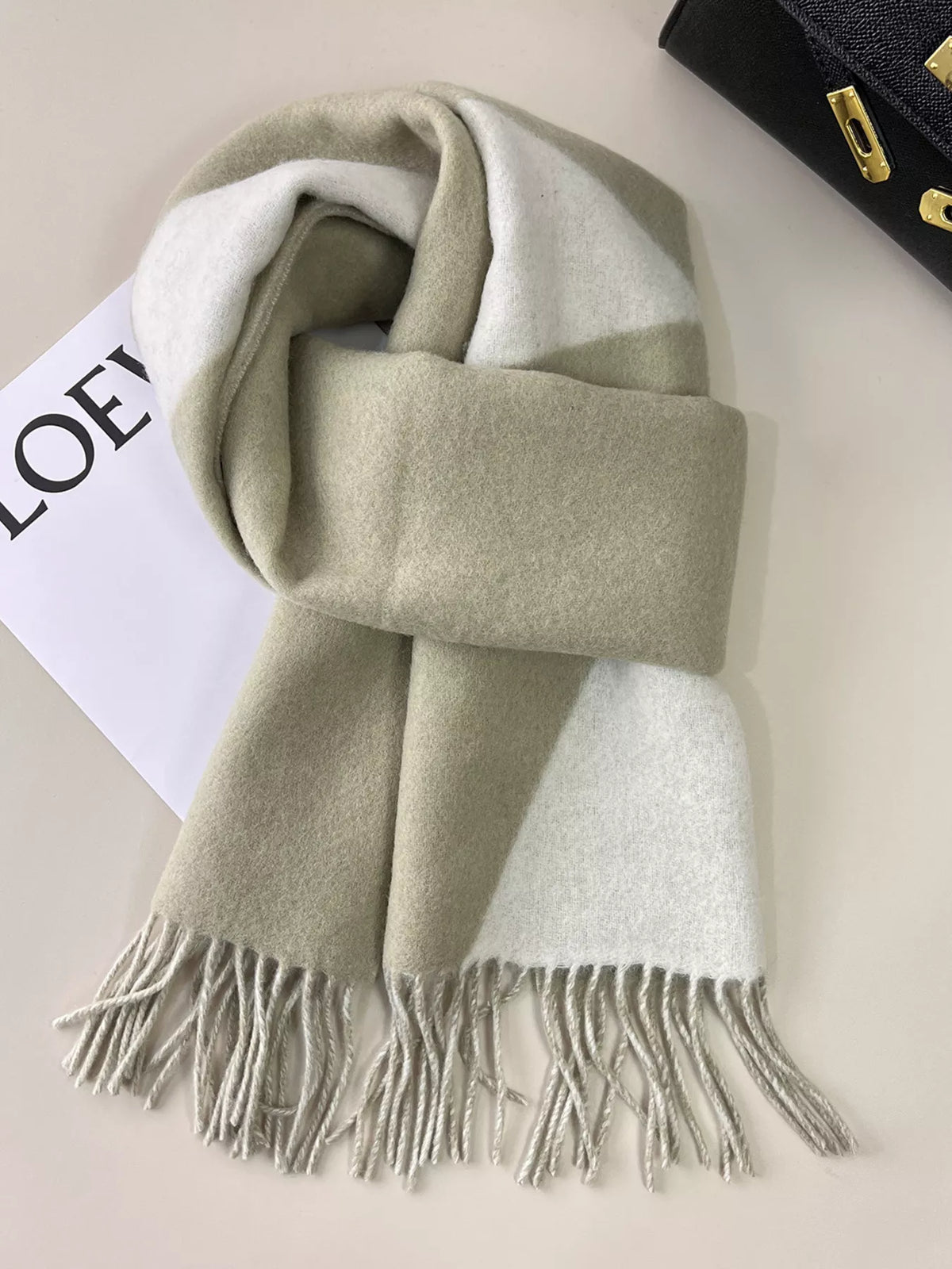 Unisex Fringe Color Block Scarf — matcha green and pale scarf with fine fringe