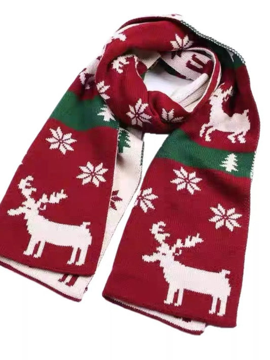Women's Christmas Reindeer Knitted Scarf in Red - styled detail 2