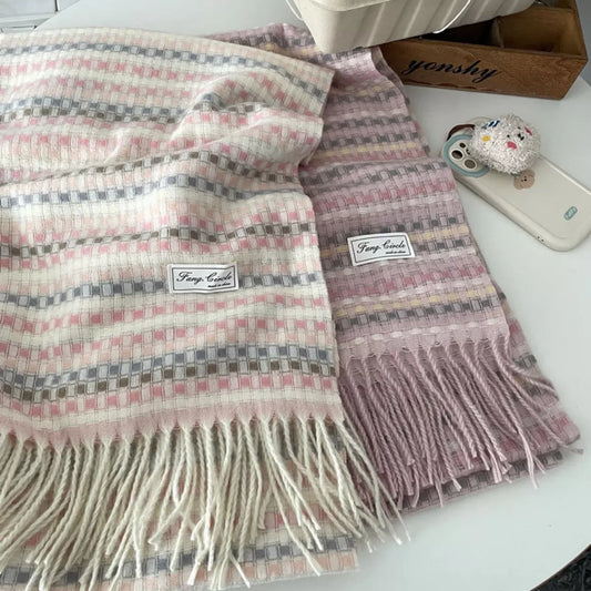 Unisex Soft Patterned Fringe Scarf — pink and beige motif bands shown together